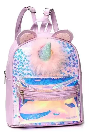 Mochila Infantil Unicornio Lentejuelas Brillos Trendy Color Violeta