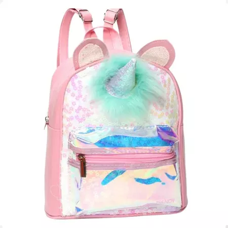 Mochila Infantil Unicornio Lentejuelas Brillos Trendy Color Rosa