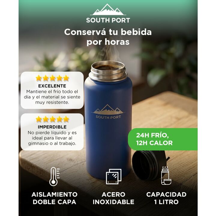 Botella Termica Southport by Gadnic 1 Litro Acero Inoxidable Doble Capa Tres Tapas - Vista 2