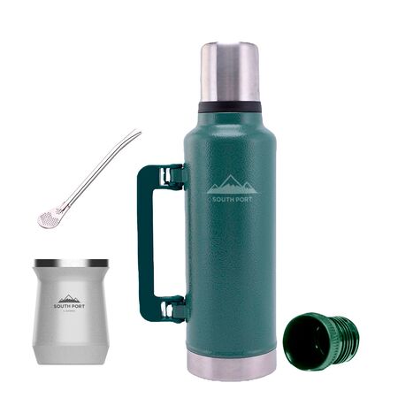 Kit de Termo Verde de 1.3 Litros, Mate Blanco y Bombilla South Port Acero Inoxidable