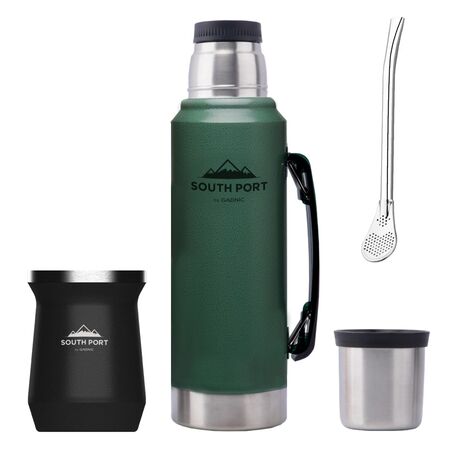 Kit de Termo Verde 1L, Mate Negro y Bombilla South Port Acero Inoxidable