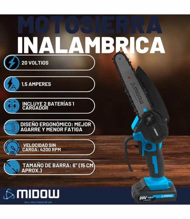 Mini Motosierra Inalámbrica Midow 6'' Poda 2 Baterías - Vista 5