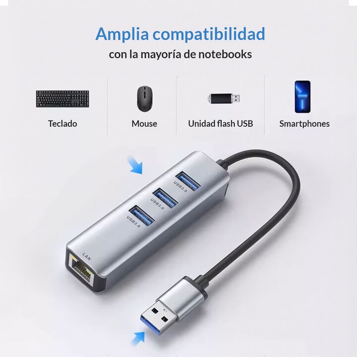 Adaptador Hub Usb A Red Rj45 Ethernet 1000mbps + 3 Usb 3.0 - Vista 4