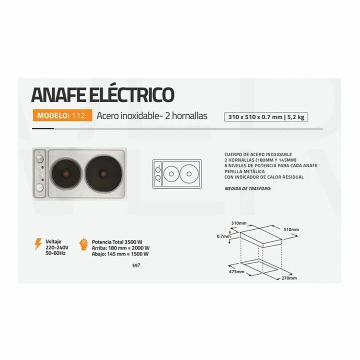 Anafe Electrico CLEVER 2 Hornallas Acero Inoxidable - Vista 2