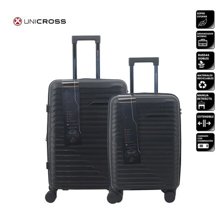 SET DE DOS VALIJAS NEGRO PP 20" 24" LIVIANAS CARRY ON EXPANDIBLE RUEDAS DOBLES 360° C/ CANDADO UNICROSS
