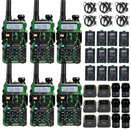 Handy Baofeng UV-5R 8w Camuflado Bi-Banda Kit x6 Hasta 12km + 12 Baterías y 6 Manos Libres