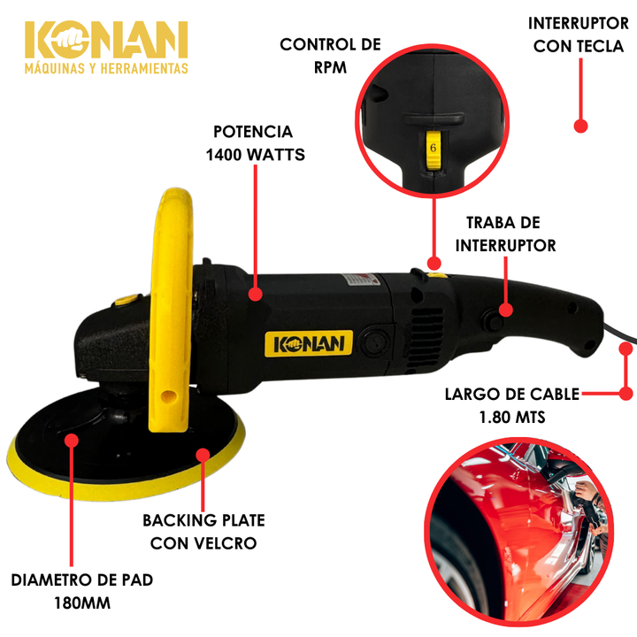 Pulidora lustradora 1400W 180mm con accesorios Konan - Vista 3