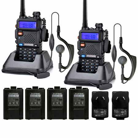 Handy Baofeng UV-5R Kit x2 Bi-Banda 5w Hasta 12km + 4 Baterías y 2 Manos Libres